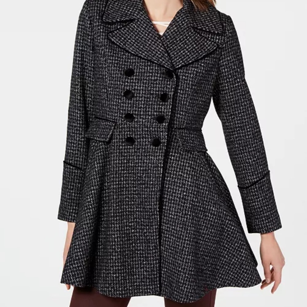 USED GUESS Velvet-Trim Double-Breasted Skirted Plaid Coat